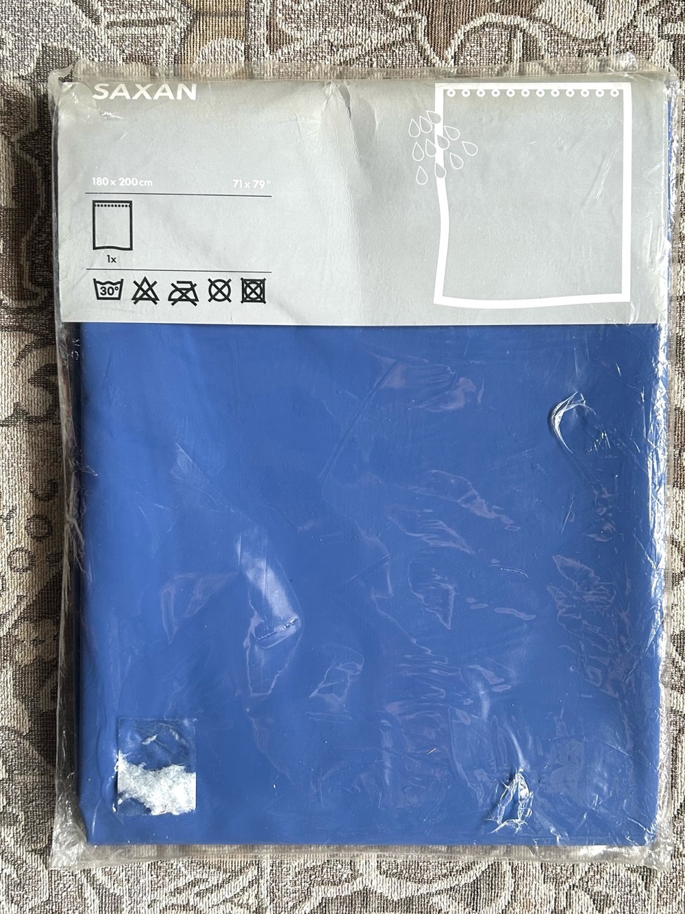 4/$20 Vintage IKEA Saxan Solid Blue Shower Curtain. New in Damaged Packaging
